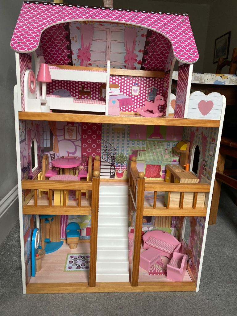 Large Wooden Dolls House with Furniture – Pink, Good Condition