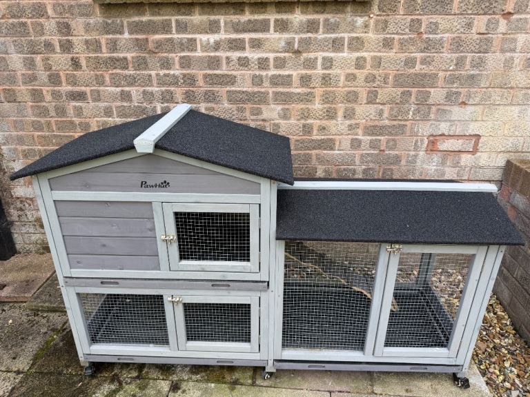 Pawhut Rabbit Hutch with Wheels Run Ramp Wooden Light Grey