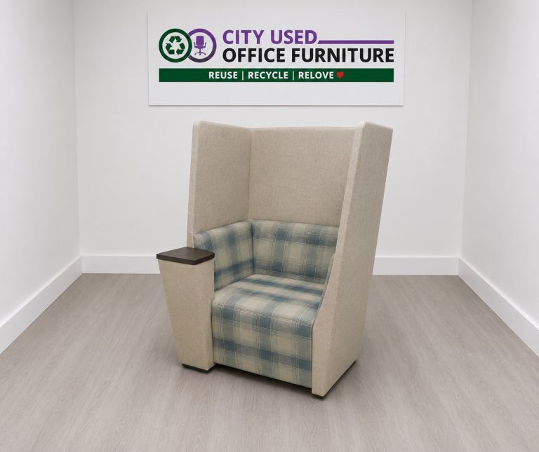 Single-Person High-Back Chair with Writing Arm – Grey / Blue