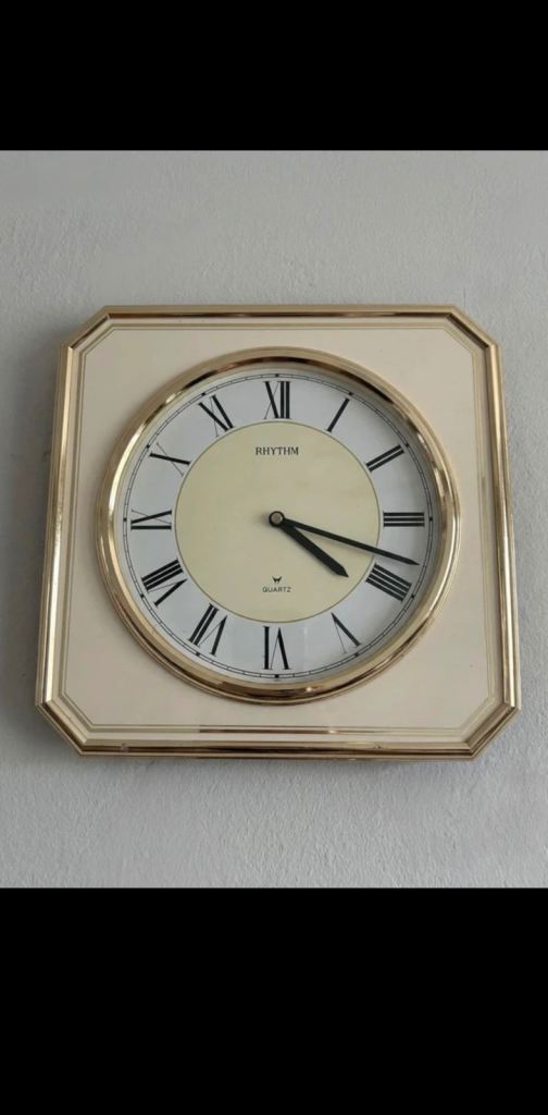 Vintage Rhythm Quartz Square Wall Clock - Gold Tone - Made in Japan