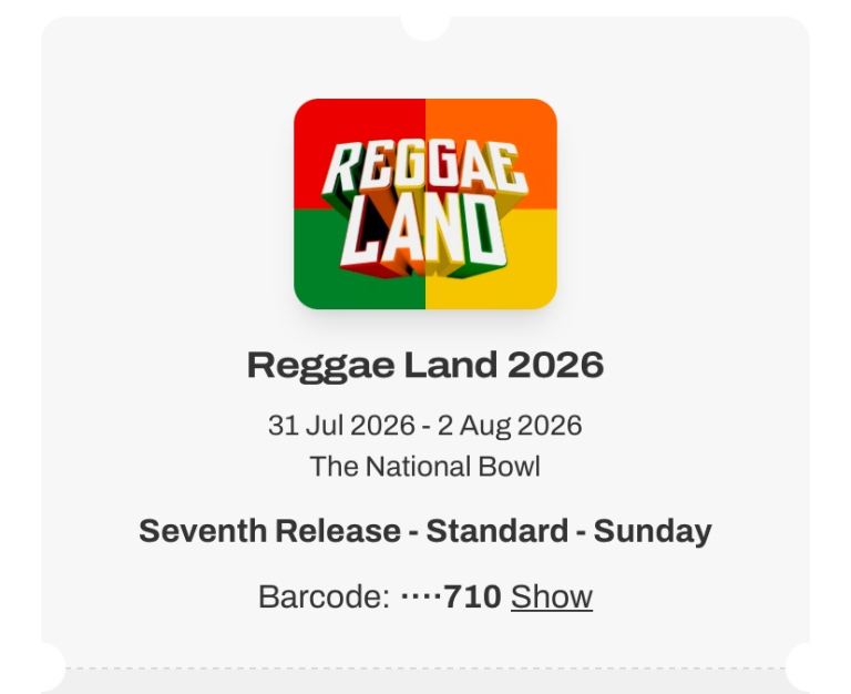 Reggae land Sunday ticket 