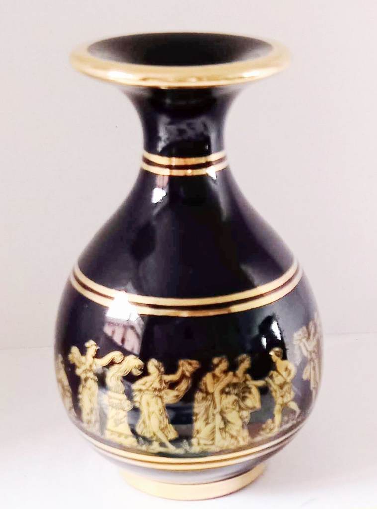  BEAUTIFUL BLUE & GOLD (24K) VASE. GREEK KEY. HANDMADE IN GREECE IN 70s. 