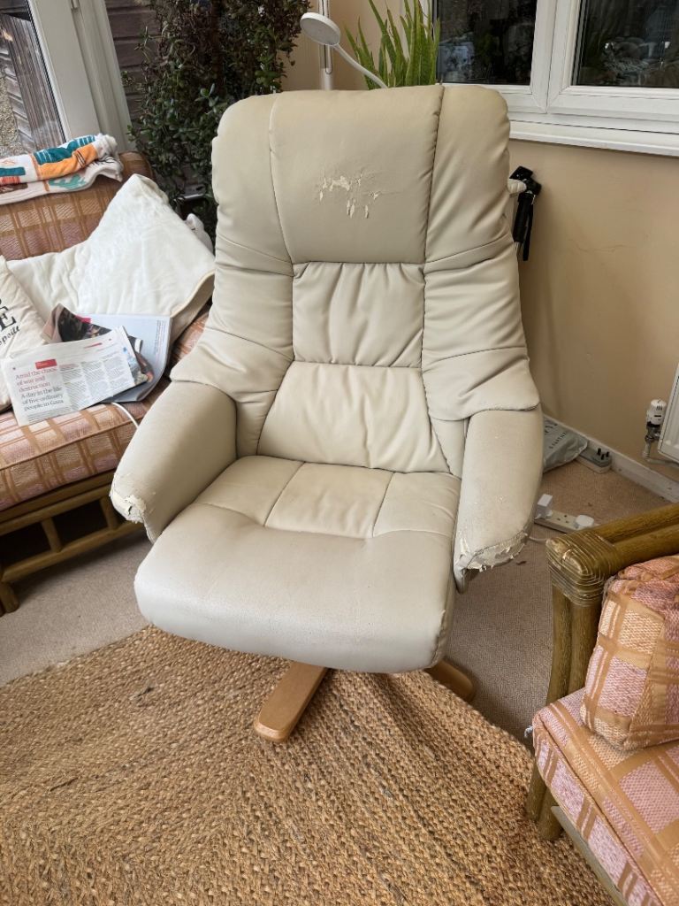 FREE! Cream Leather Armchair with Wooden Base – Fair Condition