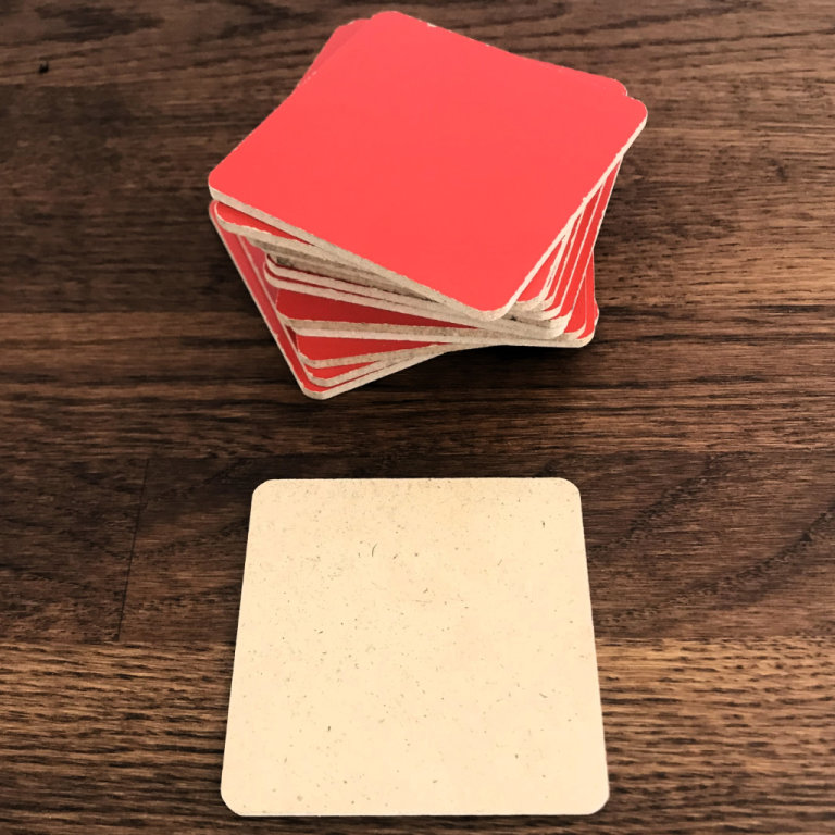 16 natural/red finish mdf 7cmx 7cm squares. Craft? £2 lot.