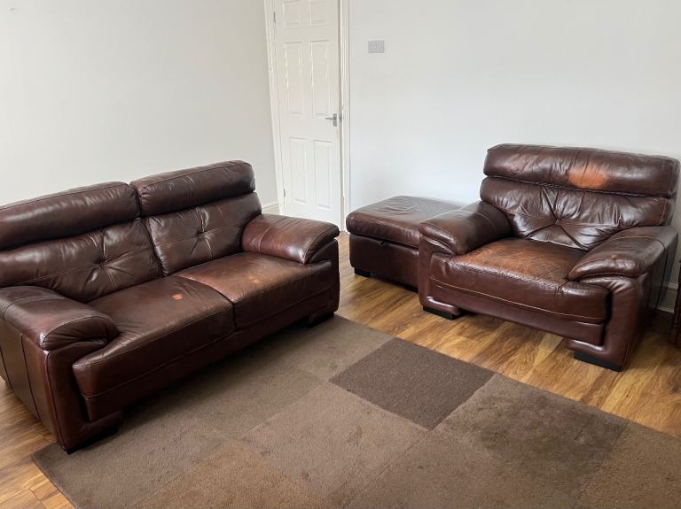Leather 2 Seater Sofa and Large Chair with Footstool