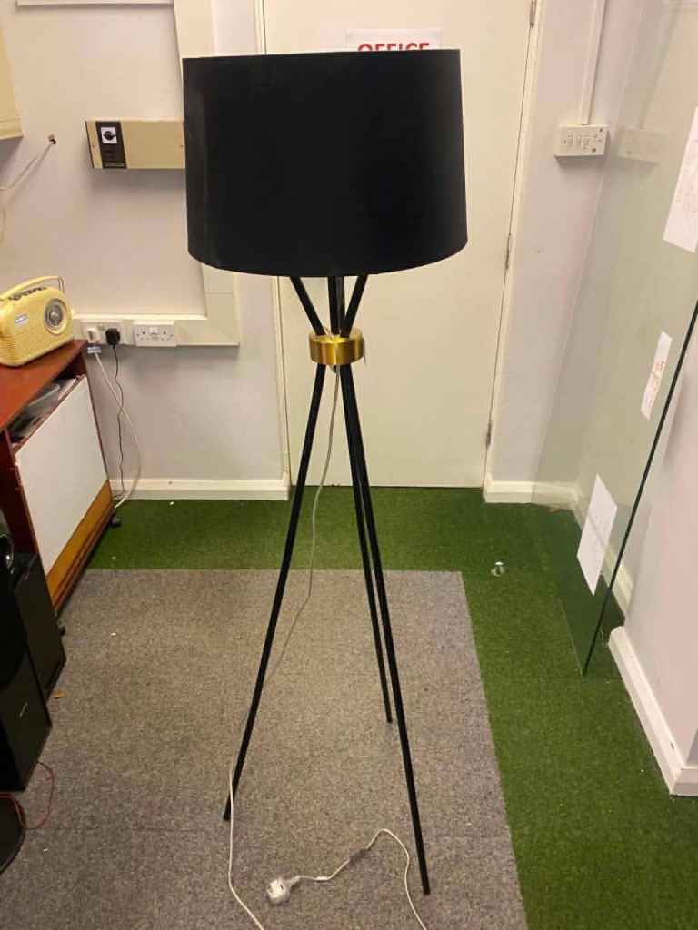 Black & gold Tripod Floor Lamp. Variety of items available, please check our other adverts.