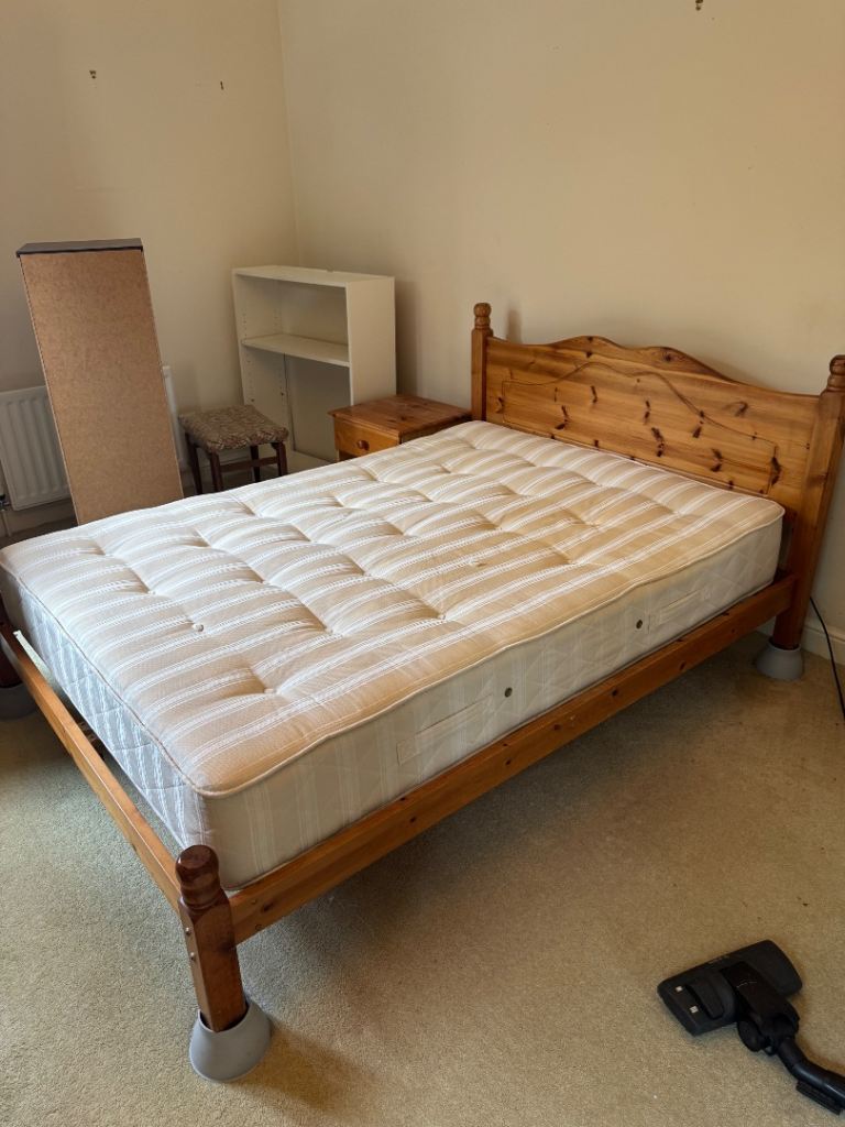Pine double bed with mattress for sale