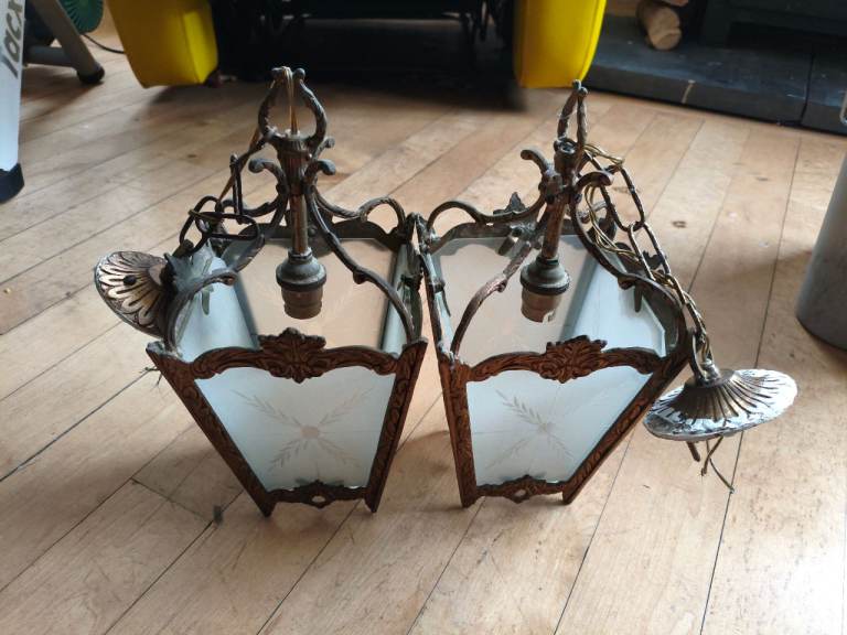 Pair of Antique French Brass & Etched Glass Hall Lanterns - Complete Set 1930s