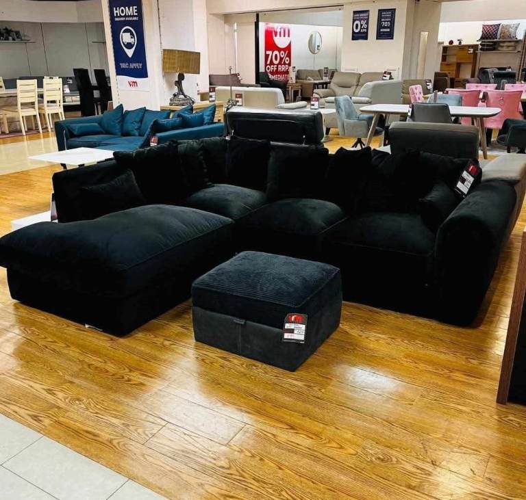 🛑 Dylan Dark Grey Jumbo Cord 4 Seater Corner Sofa L Shape Plain High Back 🏷️