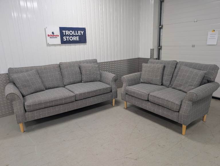 Next (Laura Ashley) Grey Tweedy Check Lawson, 3 & 2 Seater Sofa Set - Excellent Cond - Delivery Avai