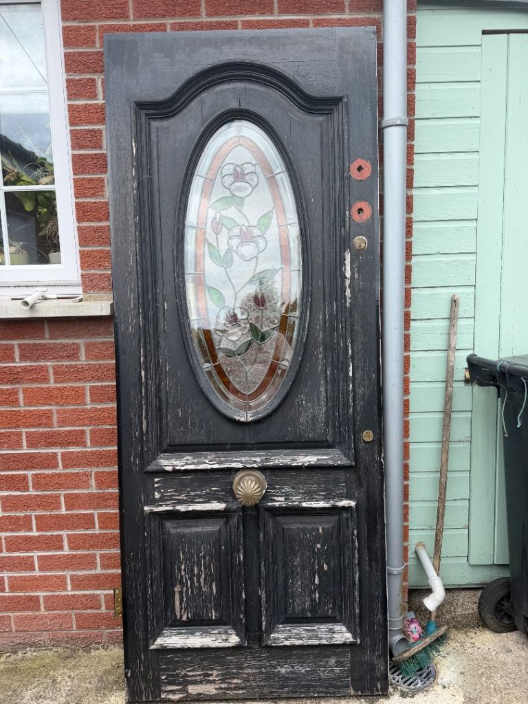 External Wooden Door with Stained Glass – Fair Condition