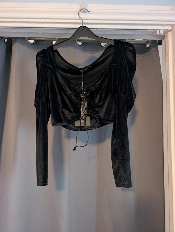 Prettylittlething Black Velvet Corset Detail Crop Top New With Tags Size UK 8