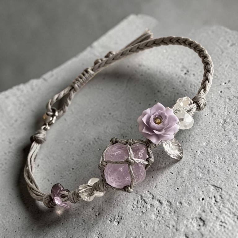 Lovely Handmade Woven Bracelet with Pink Crystal