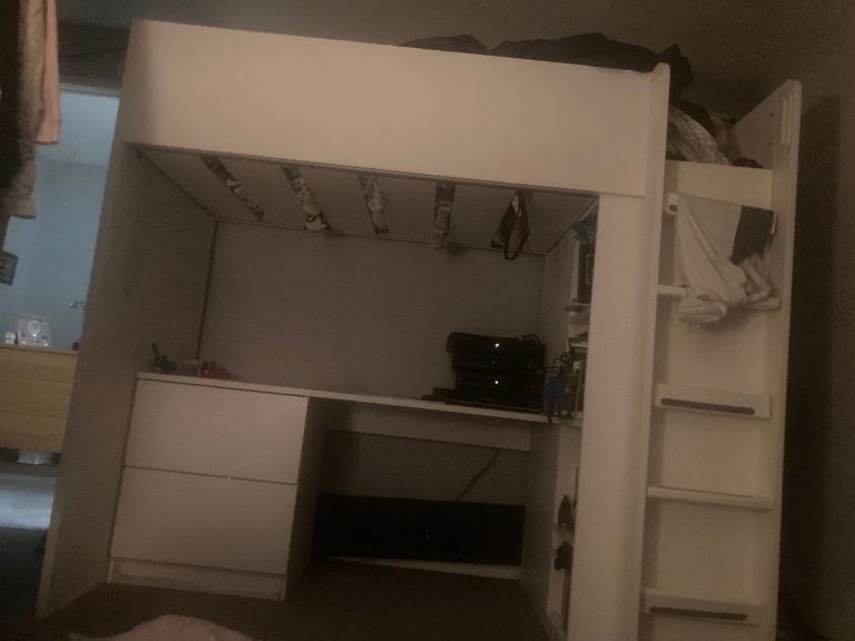 IKEA Smastad White Cabin Bed with Built-In Desk, Drawers, Wardrobe, and Shelves
