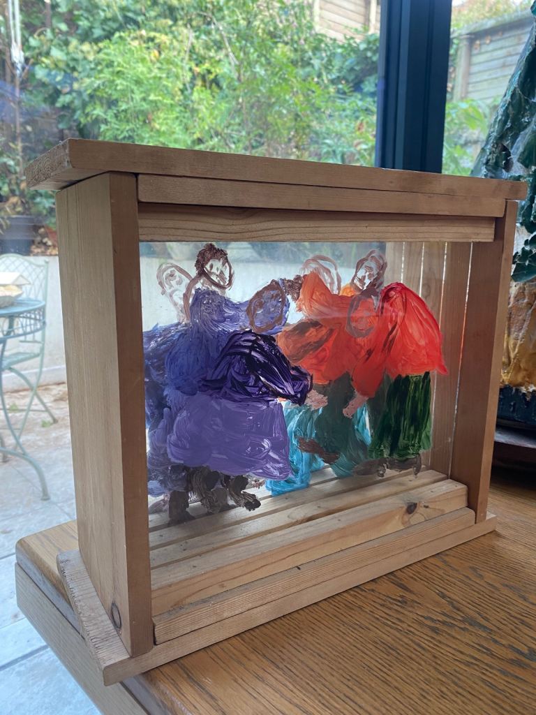 Four hand painted glass panels of a couple dancing