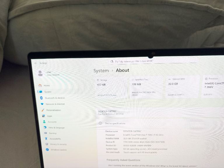 BOUGHT SEP 2025,VERY SMALL BLACK DOT ON TOP SCREEN(SEE PIC) DELL PRO 14 PREMIUM LAPTOP,ULTRA 7,32GB