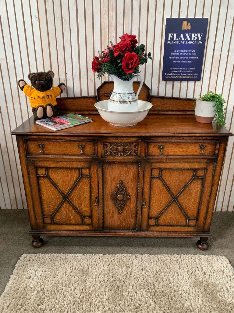 Antique 1920s Jacobean Revival Carved Oak Sideboard Geometric Buffet Cabinet