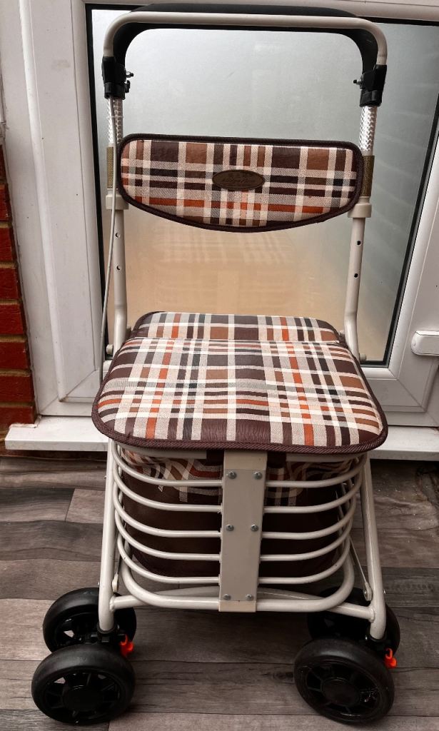 Mobility Shopping Trolley with Seat - Brown Plaid, Good Condition
