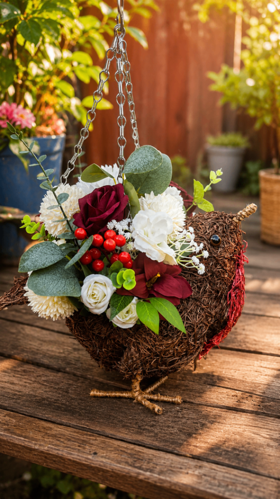 Festive robin shaped hanging basket 