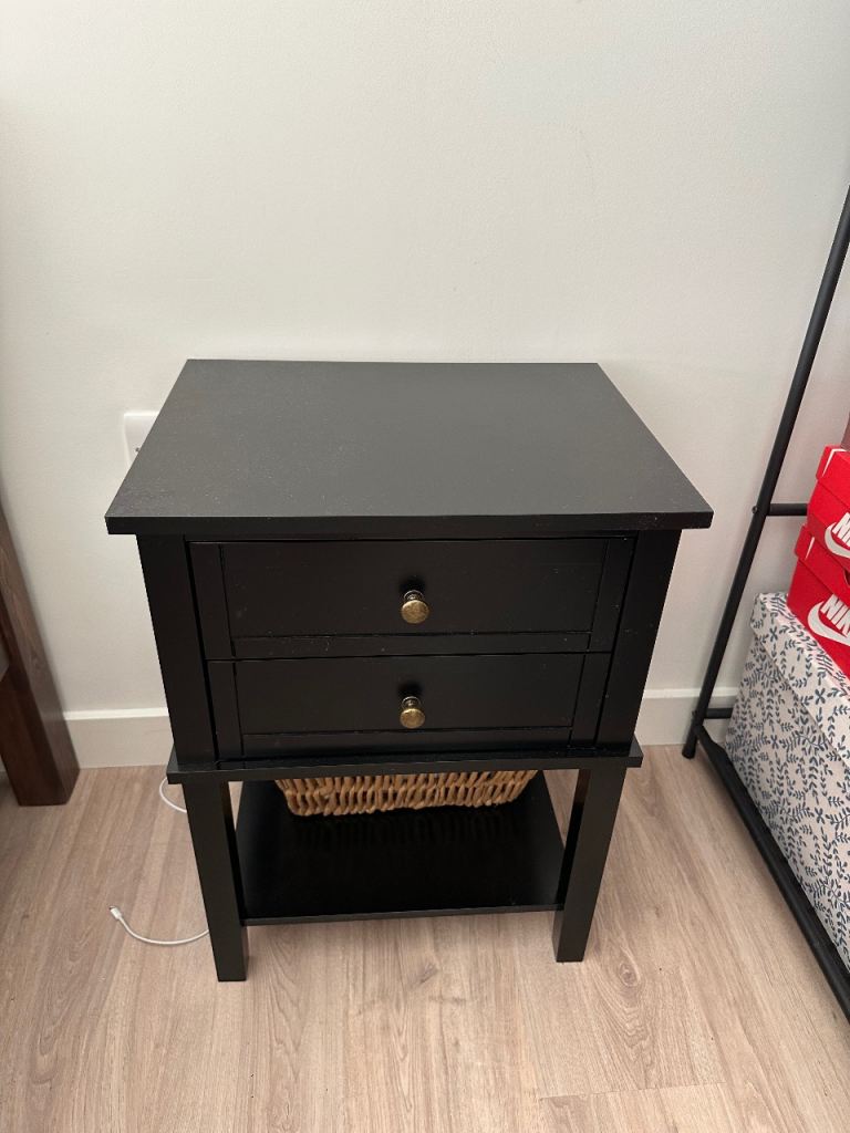 Two Black Bedside Tables with Drawers and Shelf – As New