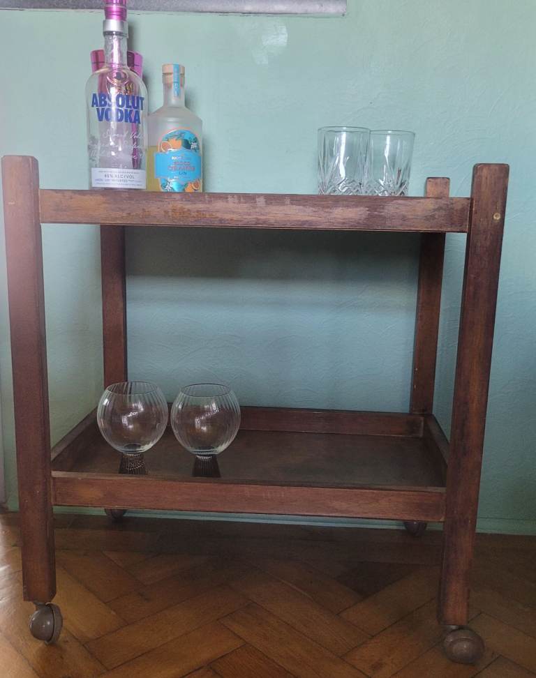 Vintage Wooden Bar Cart on Wheels – Good Condition