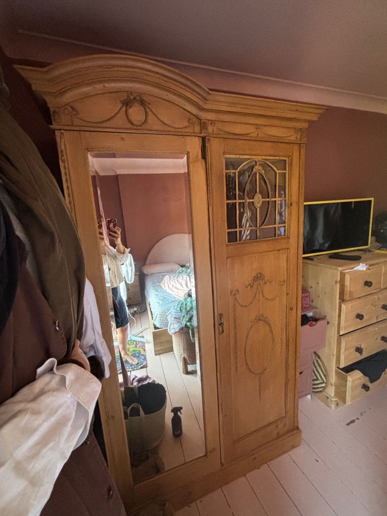 FREE TO COLLECT Vintage Art Nouveau large double pine wood wardrobe