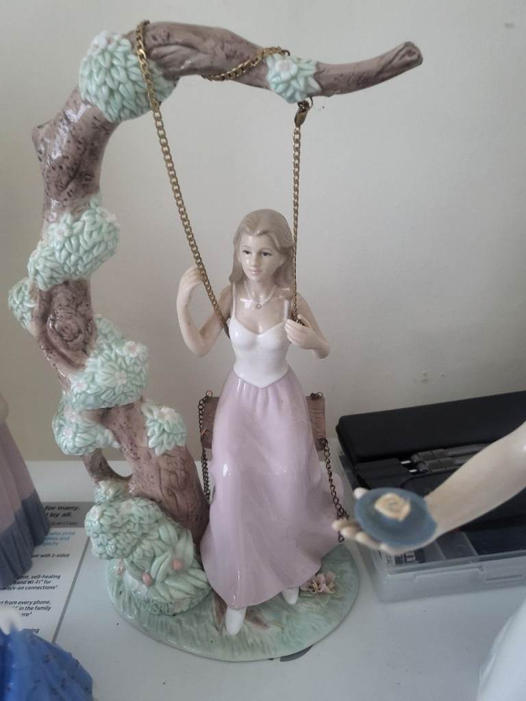 Lovely Porcelain Lady on a Swing Figurine – Decorative Display Item