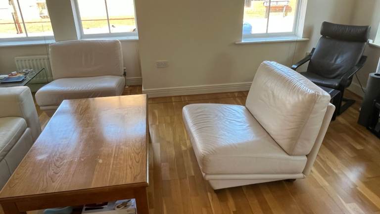 2 Cream Genuine Leather Armchairs – Good Condition