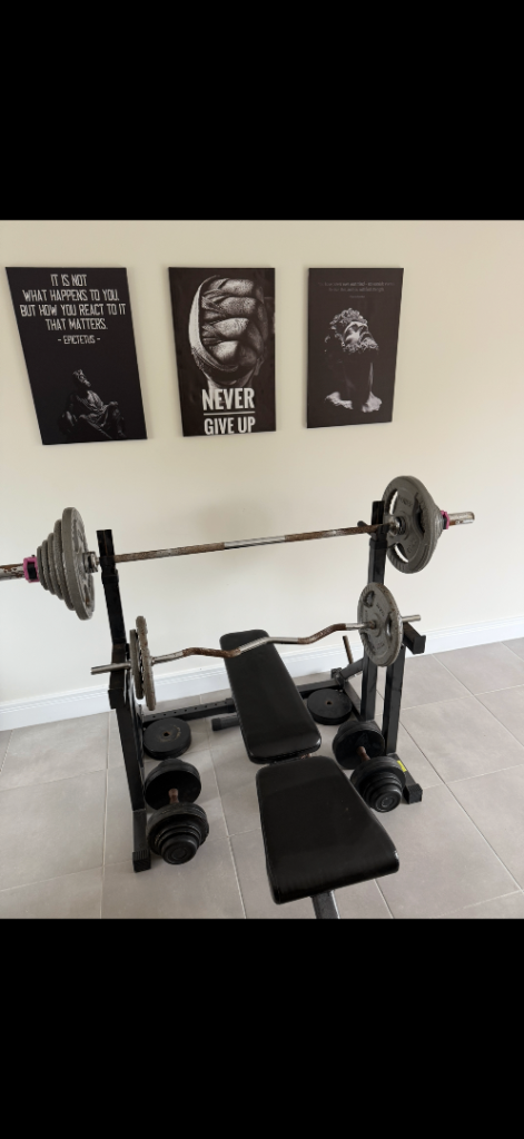 Weight Bench with Barbell and Dumbbells – Good Condition
