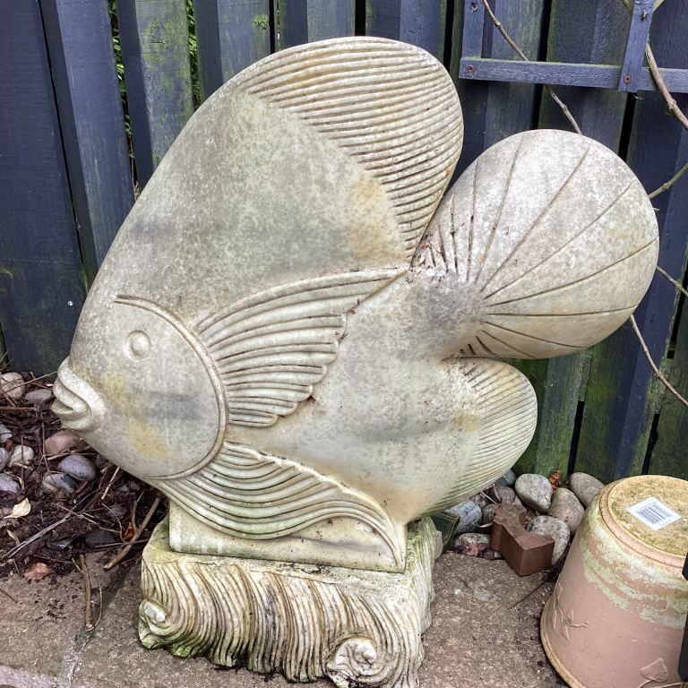 CRUSHED MARBLE FISH GARDEN STATUE , EXTREMELY HEAVY 