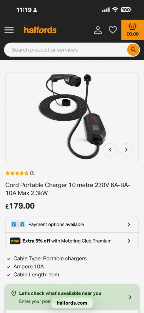 Cord 10m electric car charger 13amp supply