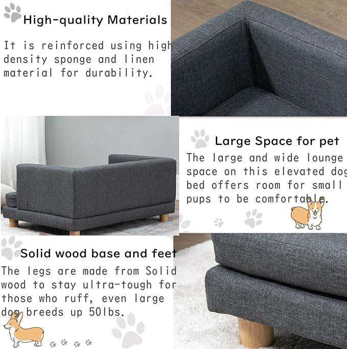 NICEME Elevated Dog Sofa Bed, Sofas & Chairs  Grey Linen Upholstery, 