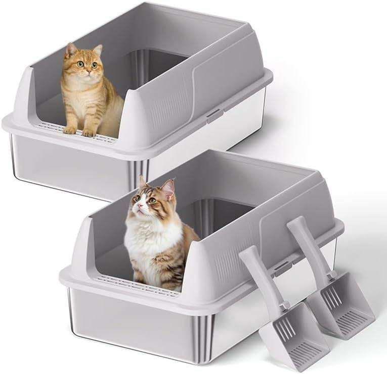 New/unused - 2 Pack XL Stainless Steel Cat Litter Box with high sides, incl scoops and litter mat