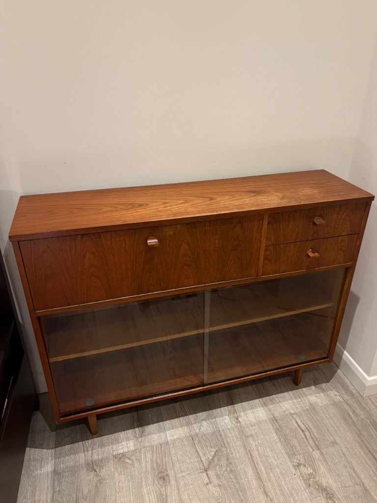 Vintage Mid-Century Teak Bureau / Desk with Sliding Glass Storage