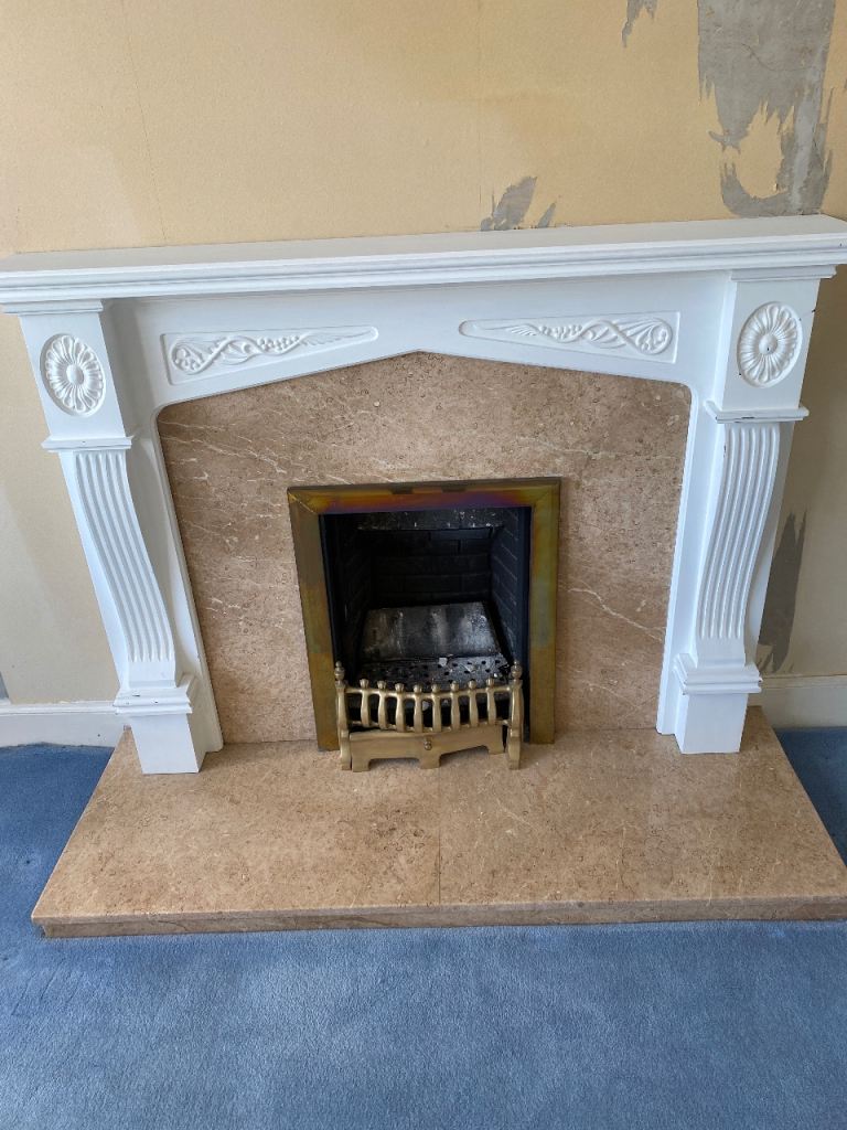 Free - White Fireplace Surround with Marble Back Panel and Hearth
