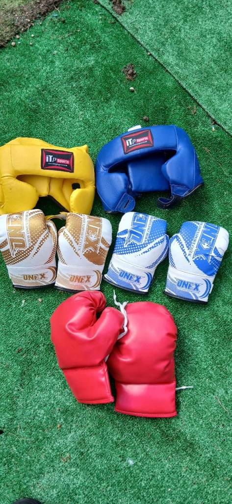 Punchbag, gloves and head ware