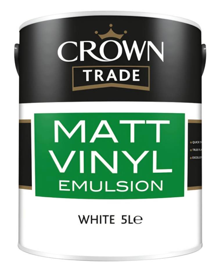 Crown trade 5litre white matt vinyl emulsion paint for rooms.