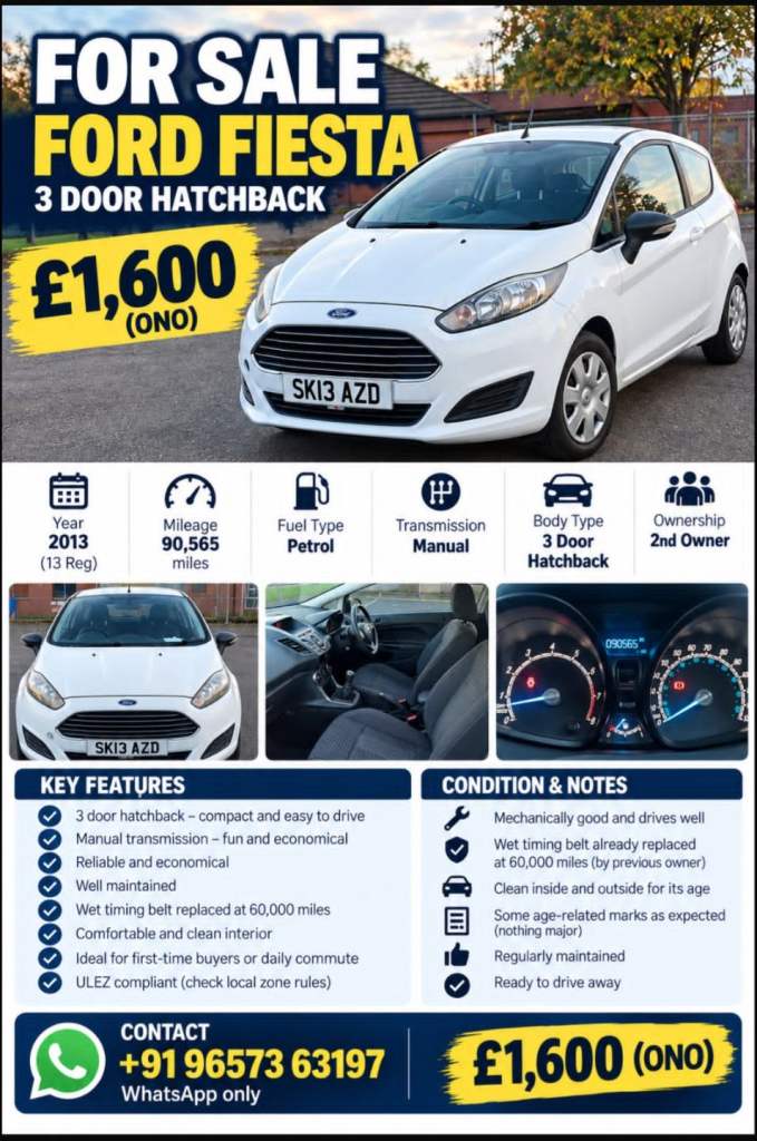Ford, FIESTA, Hatchback, 2013, Manual, 1241 (cc), 3 doors
