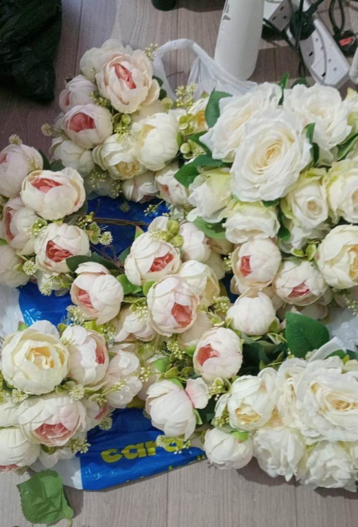 Silk Artificial flowers. Blue hydrangeas,  Peonies and Eucalyptus flowers.