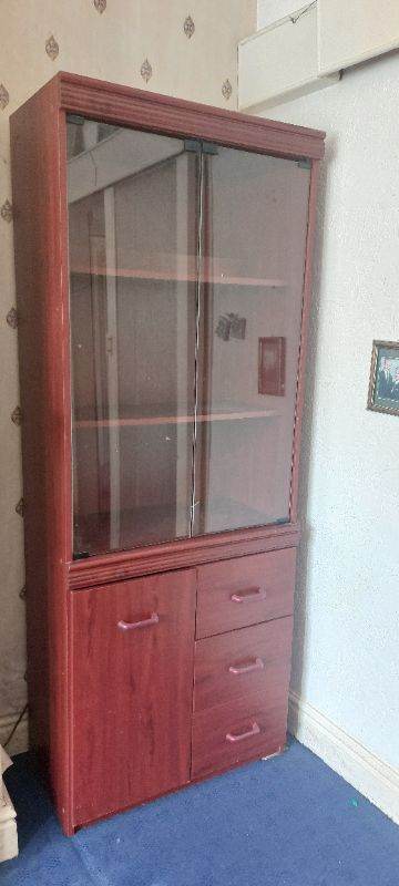 Mahogany Effect Display Cabinet With Glass Doors, Lower Cupboard And Drawers.