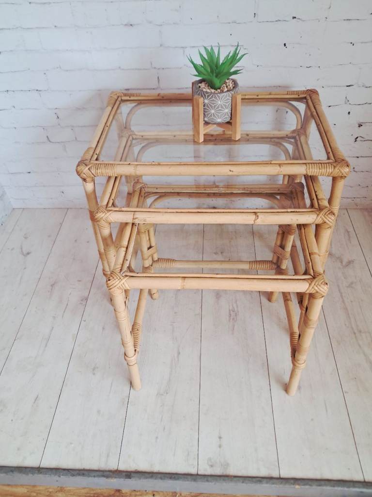 Vintage Bamboo Nest Tables Trio Glass Top Rattan Side Tables Boho Coastal Conservatory 1970s