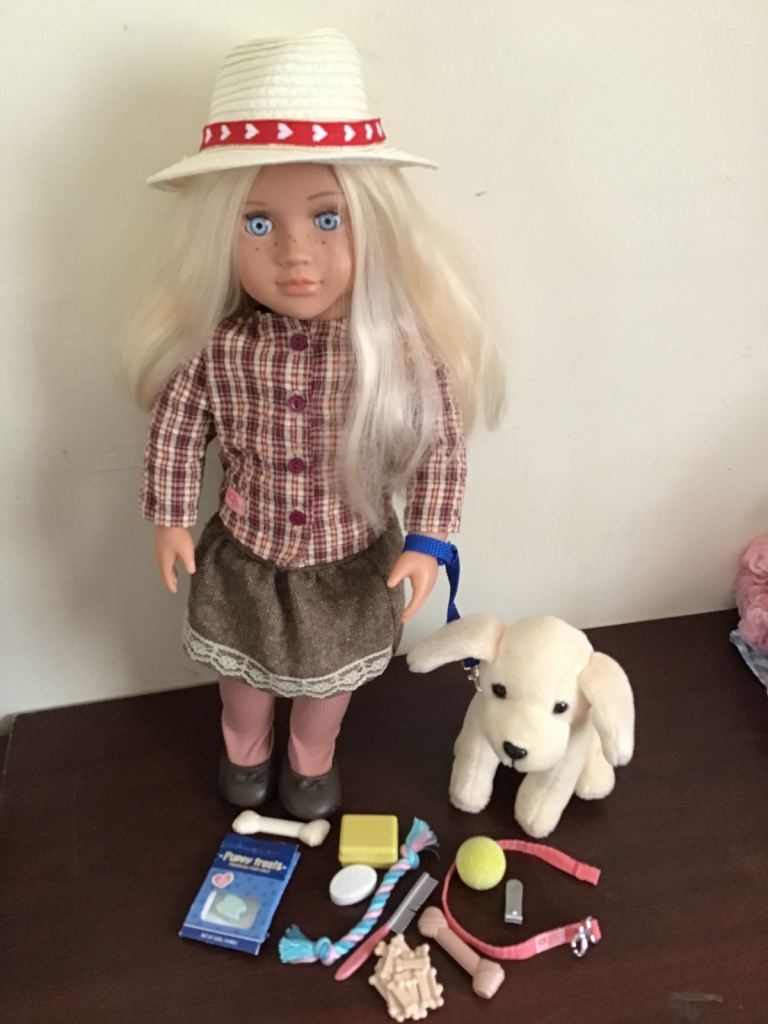 our generation doll  meagan.  walking the dog. 
