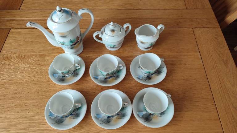 Vintage Japanese Tea Set - White with Landscape Design