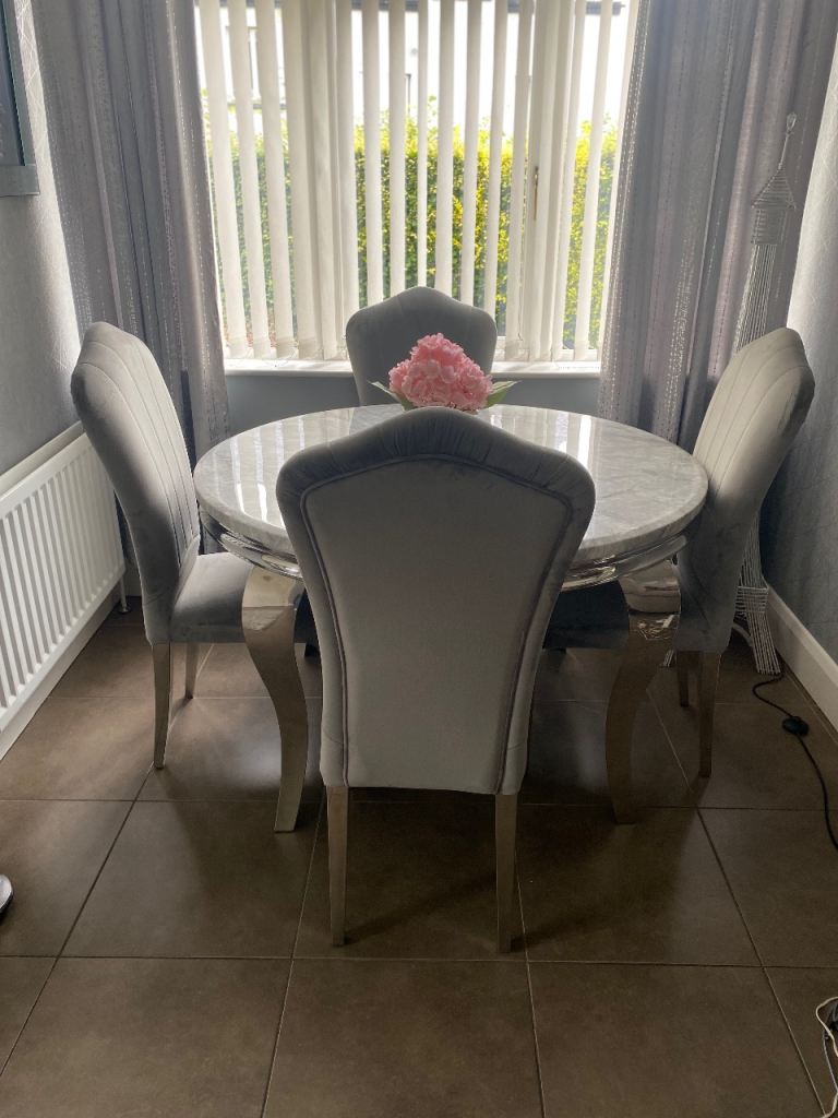 Marble Dining Table with 4 Grey Velvet Chairs