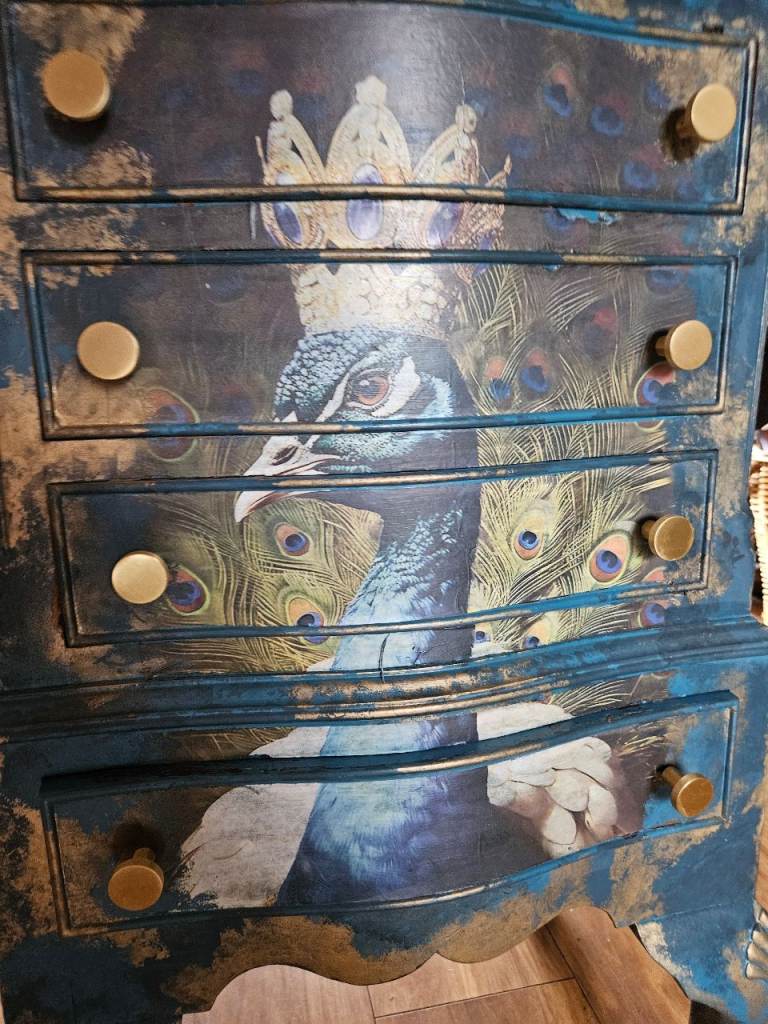 Shabby Chic Upcycled loved and used peacock 4 drawer unit, storage, blue gold peacock design