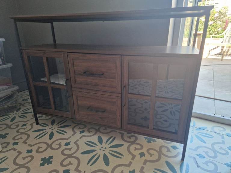 Walnut effect wood and metal sideboard. 