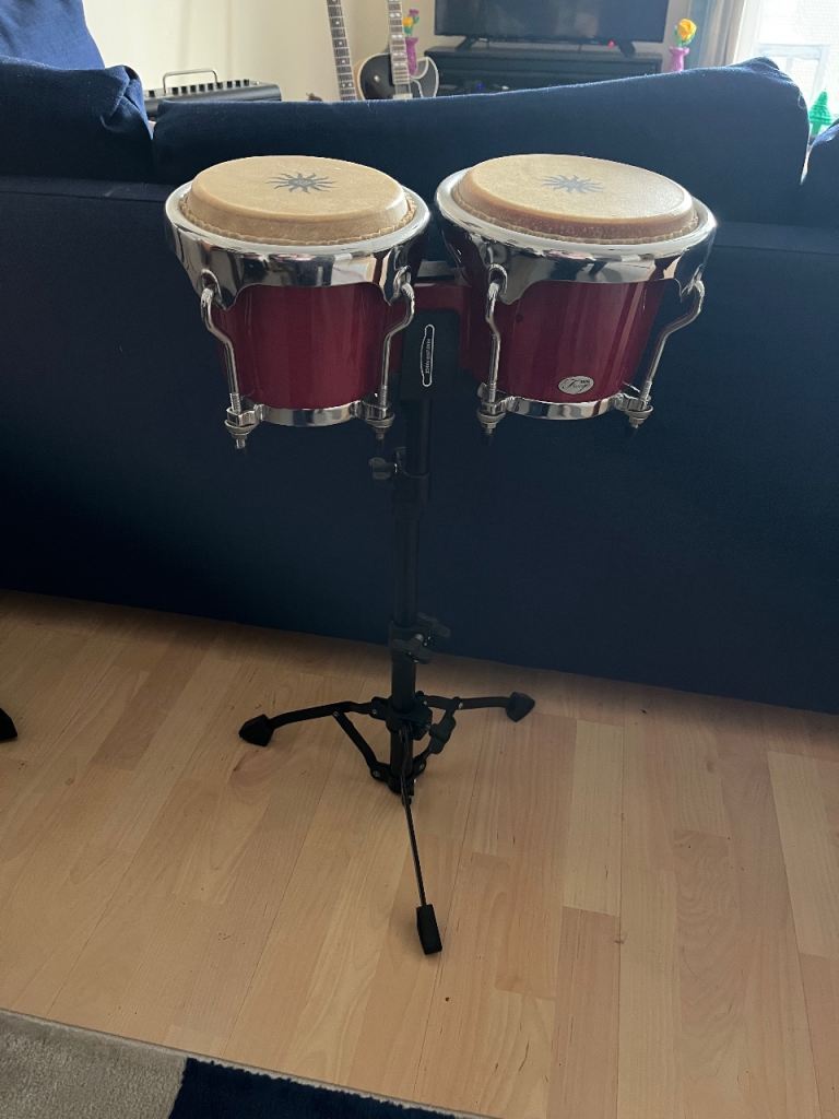 Natal Fuego Natural Wood Bongos, Chrome Hardware, Red Gloss, plus Meinl stand