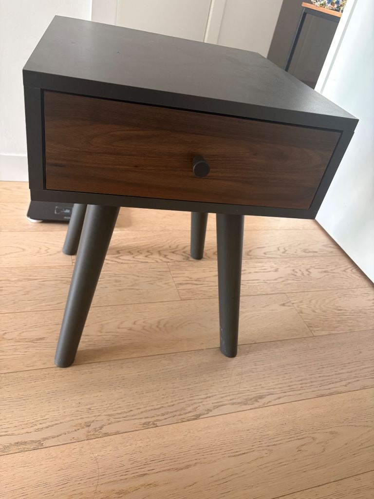Modern Grey and Wood Bedside Table with Drawer – Good Condition