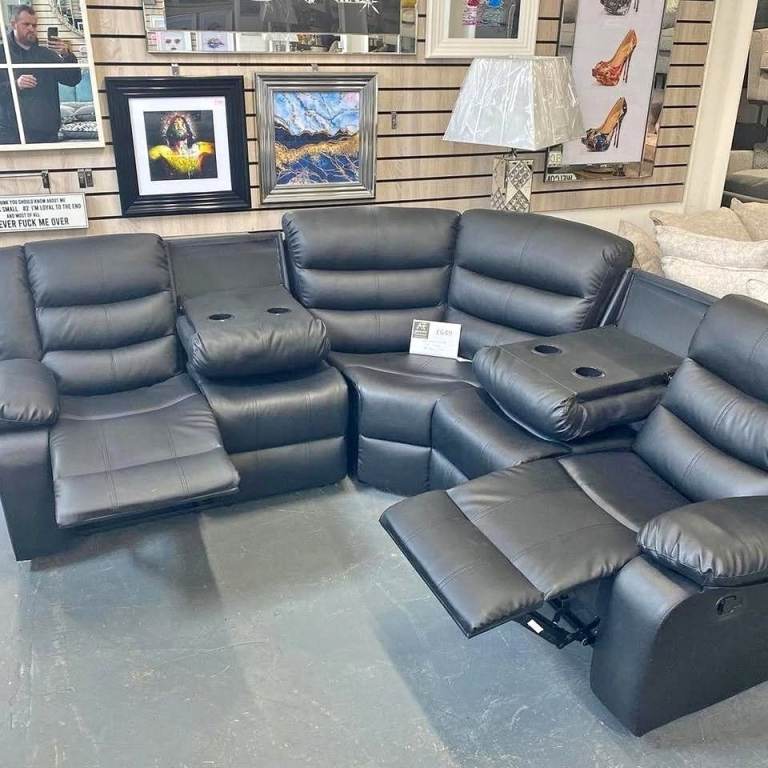 BRAND NEW - Corner Sofa - Leather BLACK Recliner Sofa With Cupholders - Good Quality ANd FREE Delive