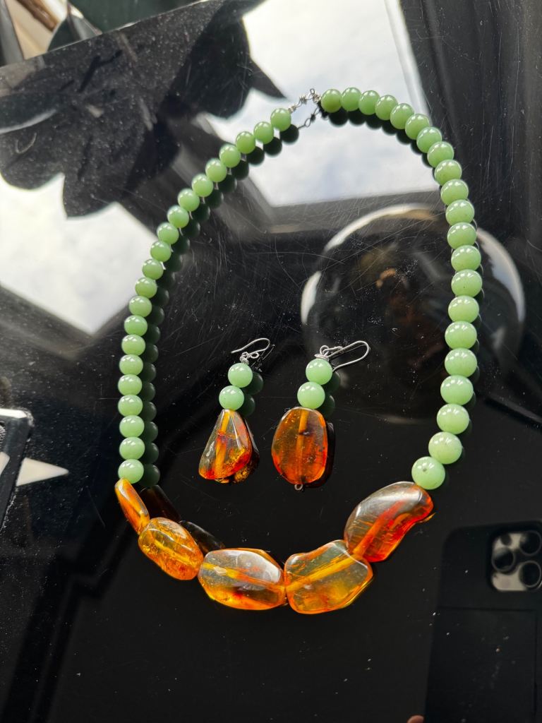 Authentic Handmade Jade & Amber Necklace & Earring Set